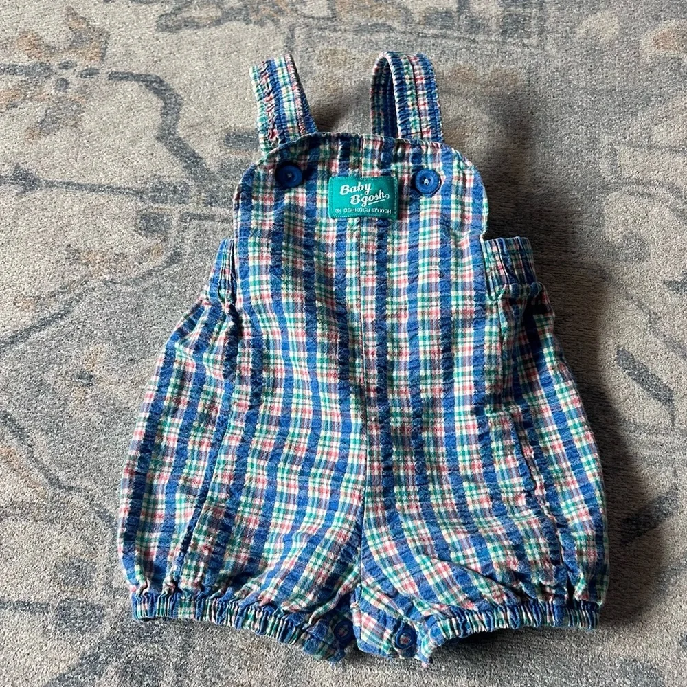 Vintage Oshkosh plaid bubble overalls shirts size shorts 6-9 months paper tag